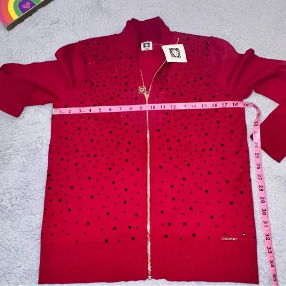 Anne Klein fire red and black rhinestone sweater